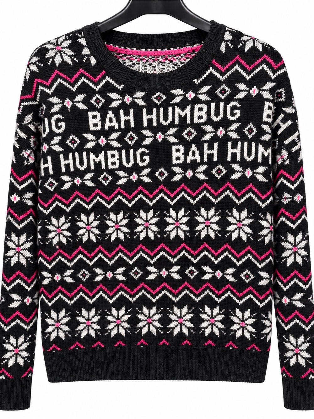 Aeropostale Women's Black, White & Pink 'Bah Humbug' Fair Isle Crewneck Sweater